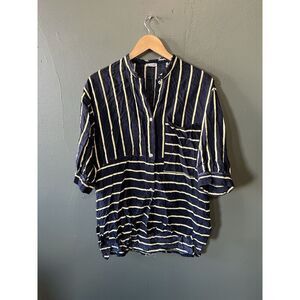 Free People Womens Blue Short Sleeve Striped  Button Up Shirt Oversized Small